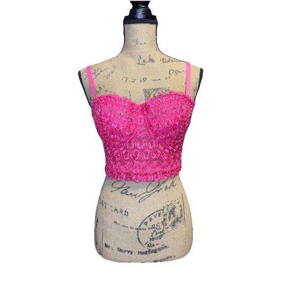 Sexy Corset Lace Bra Crop Top Summer Party Bustier Strappy Bedazzled Pink SMALL - Picture 1 of 10